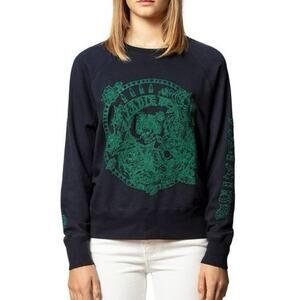 Zadig & Voltaire Women's Xs Navy Blue Green Embroidered Skeleton Sweatshirt